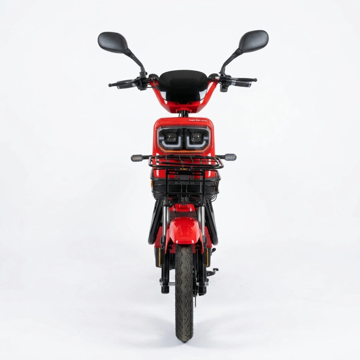 Red seated electric bike with front basket and rear storage box – straight front view with basket and headlights