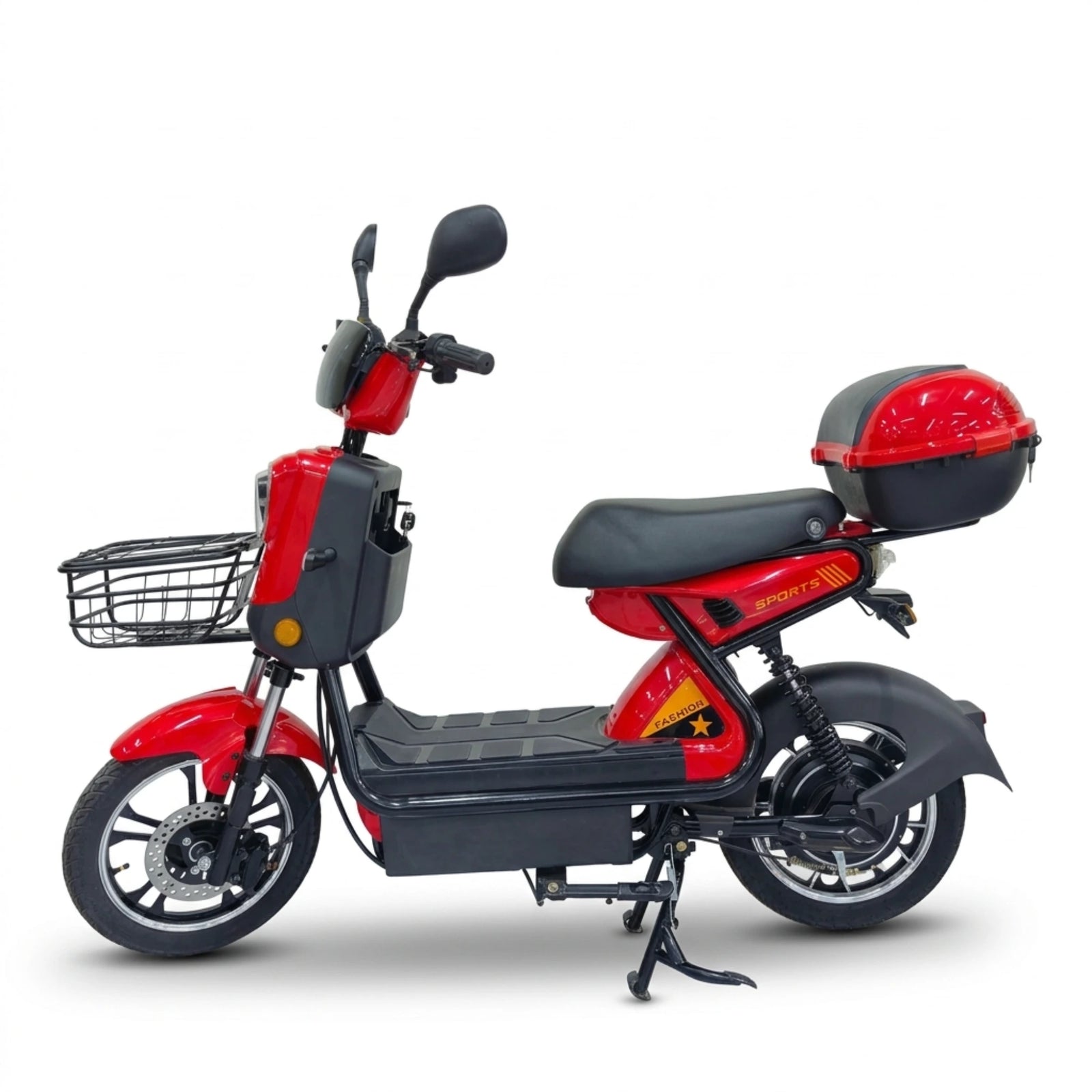 Red seated electric bike with front basket and rear storage box – left side profile
