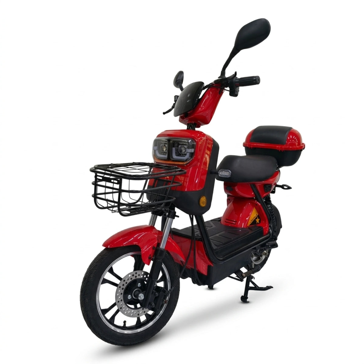 Red seated electric bike with front basket and rear storage box – front angled view