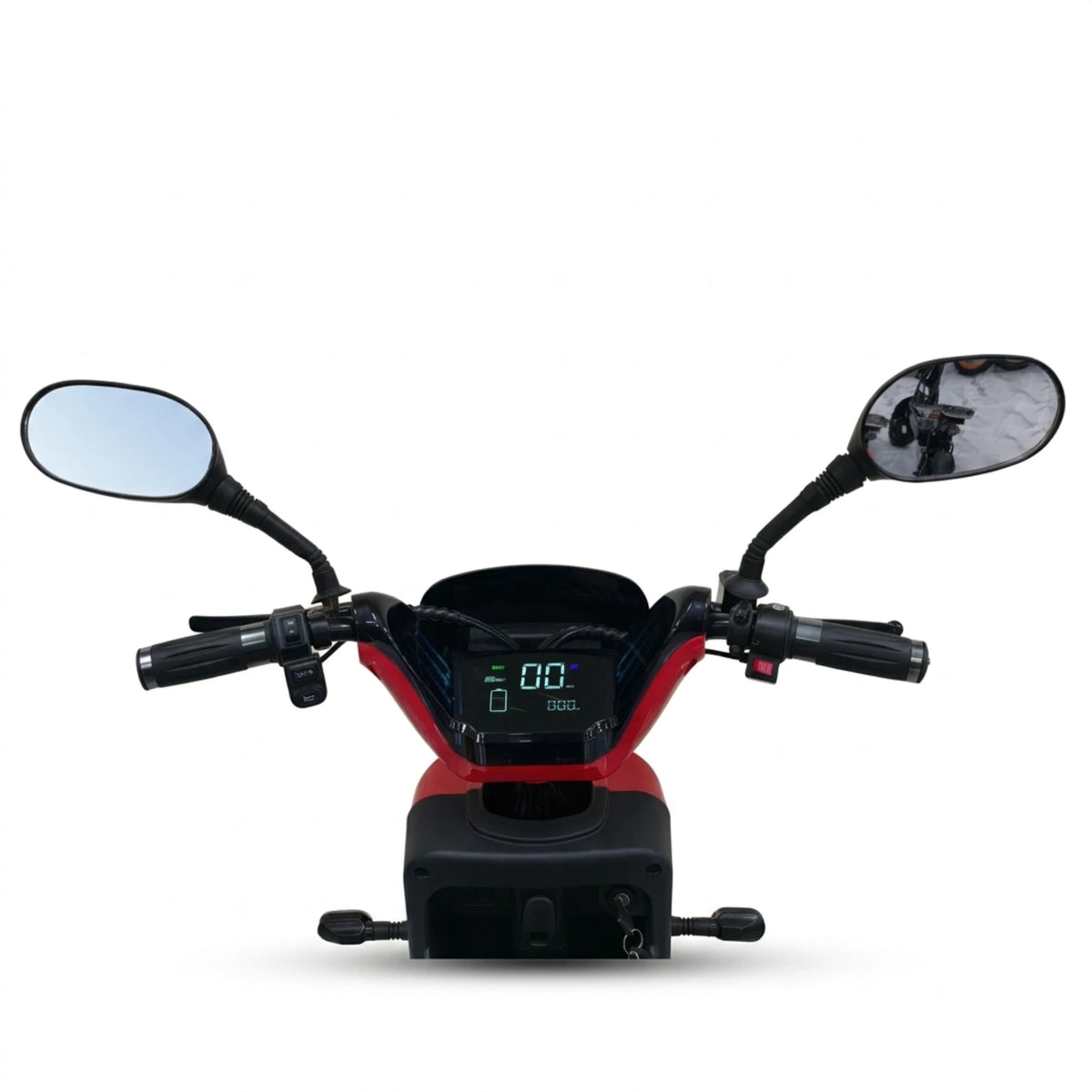 Red seated electric bike with front basket and rear storage box – handlebars, mirrors and digital display close-up