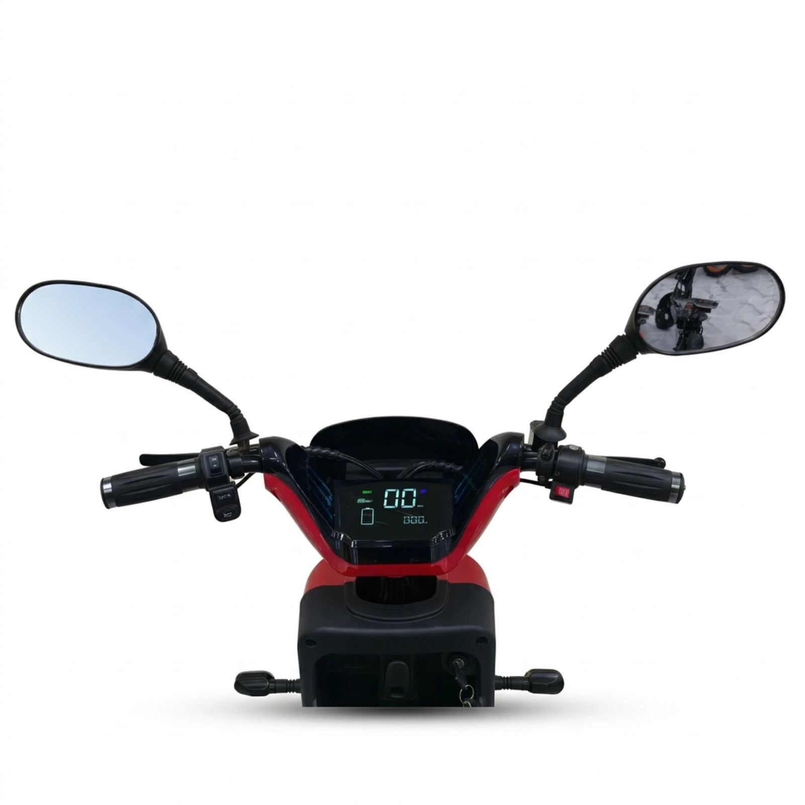 Red seated electric bike with front basket and rear storage box – handlebars, mirrors and digital display close-up