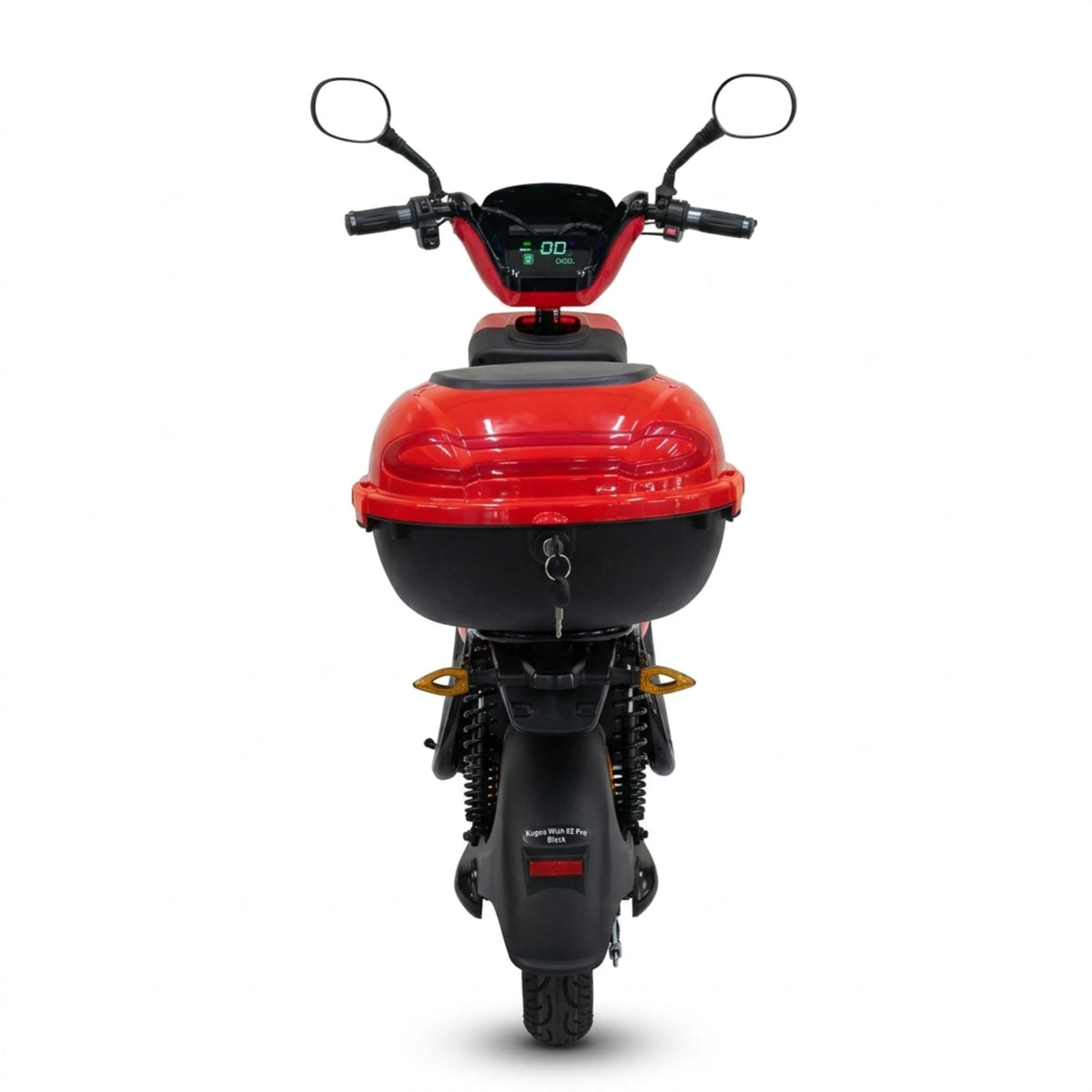 Red seated electric bike with front basket and rear storage box – rear view showing storage box and tail light